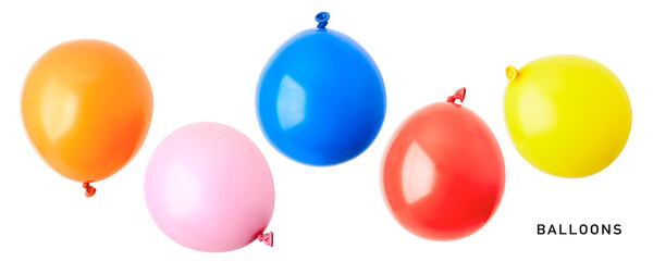 Colorful party balloons set. PNG with transparent background. Flat lay. Without shadow.