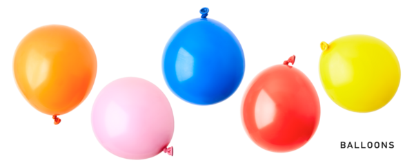 Colorful party balloons set. PNG with transparent background. Flat lay. Without shadow.