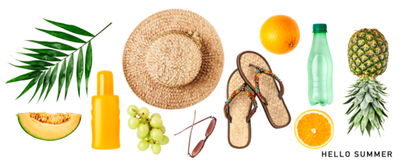 Hello summer set. PNG with transparent background. Flat lay. Without shadow.
