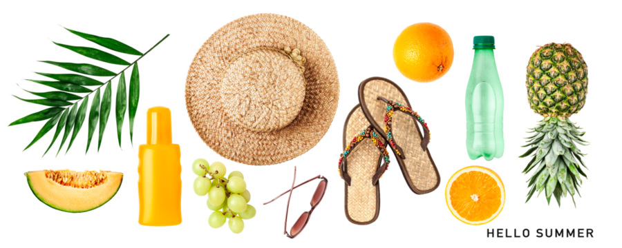 Hello summer set. PNG with transparent background. Flat lay. Without shadow.