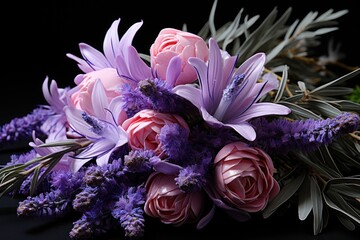 Beautiful bouquet of purple flowers on black background, closeup. Mother's day concept with a copy space. Valentine day concept with a copy space. Greeting Card Concept.