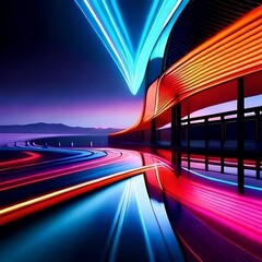 dark long corridor room with neon lamps. Abstract Blue and red neon, background with smoke and neon light. Concrete floor, symmetrical reflection and mirroring