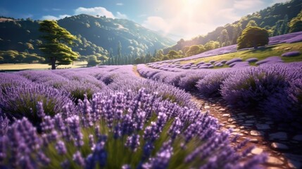 Lavender flower field blooming in summer. Beautiful landscape with purple flowers. Mother's day concept with a copy space. Valentine day concept with a copy space. Greeting Card Concept.