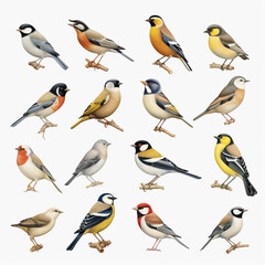 A flock of starlings perched on white background