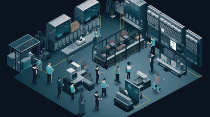 Vector illustration, a production line with workers, automation and user interface concept: user connecting with a tablet and sharing data with a cyber-physical system, Smart industry 4.0.