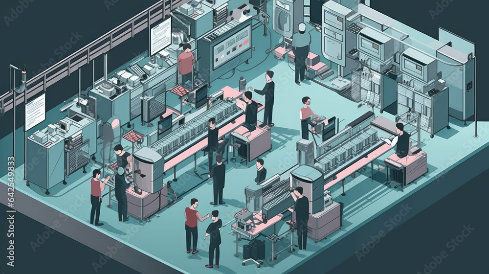 Wall mural vector illustration, a production line with workers, automation and user interface concept: user con