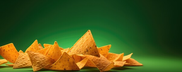 A pile of doritos on the green background. Generative AI.