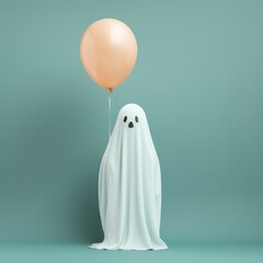 White ghost sheet costume with orange air balloon isolated on pastel green background. Magic scary spirit. Happy Halloween! Halloween party minimal concept
