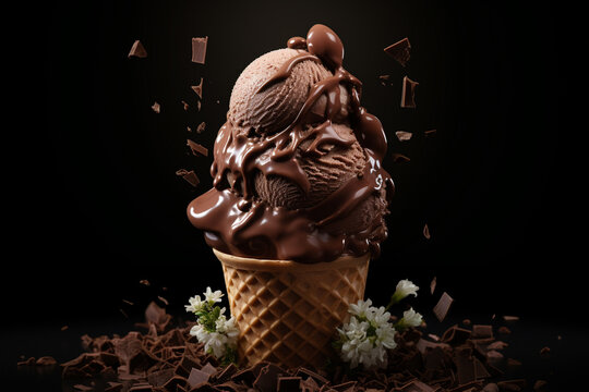 Chocolate ice cream cone mock up, chocolate Ice cream in waffle cone creative concept photography, chocolate splashes in the background, A beautiful image of an ice cream gently melting, Generative AI