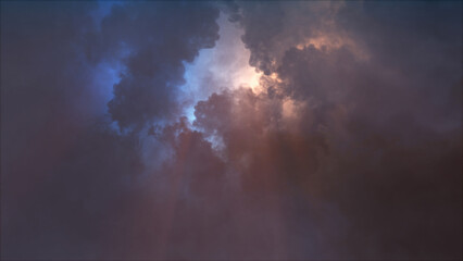 3D rendering of thunderclouds with bright lightning flashes