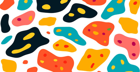 Abstract Seamless Motif: Liquid Blob Shapes in Various Colors, Animal Print Vibes. Vector Background Perfect for Clothing and Home Décor.