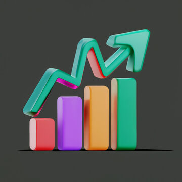 3D Growth bar graph on isolated grey background. Market investment trading, exchange, rendering, trade, simple, isometric, financial, index, colorful, forex. 3d render simple box chart