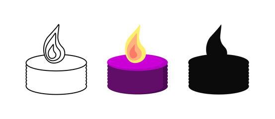 Burning purple aromatic interior candle of round shape. In color, outline, silhouette. Vector isolated on white. Design for home, spa, relaxation, vacation, icon.