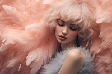 Comfort sleeping concept. Beautiful woman sleeping with pleasure on a soft cuddling feather