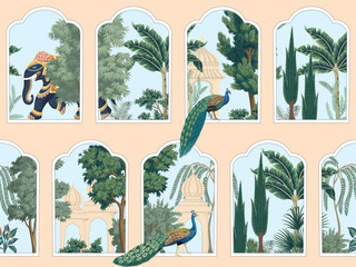 Indian  gallery with elephant, peacocks, palms, trees seamless pattern. Garden wallpaper. - 642555664