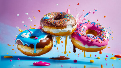 Delicious multi-colored donuts on a colored background