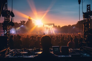 Video production covering event on stage by professional video camera in outdoor concert at sunset. - obrazy, fototapety, plakaty