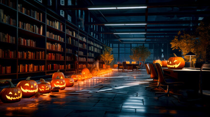 Library filled with lots of books and lots of jack o lantern pumpkins.