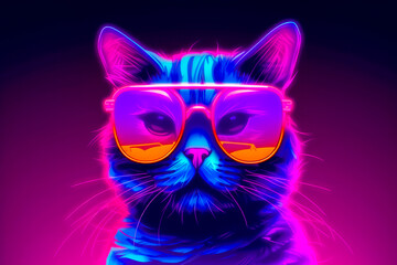 Cat wearing sunglasses on pink and blue background with neon glow.