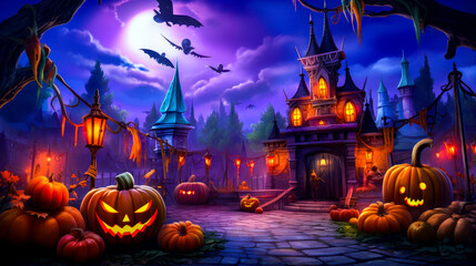 Fototapeta na wymiar Halloween scene with pumpkins, bats and castle with full moon in the background.