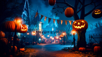 Halloween scene with pumpkins and jack - o'- lantern lanterns.