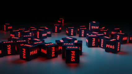 On surface red shining cubes with a PFAS word on it. 3D rendered illustration.