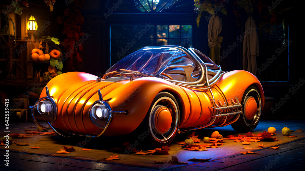 Poster car that is sitting in the middle of floor with leaves on it.