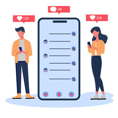 Young people in flat style drawing set of vector icons of online social media communication infographic concept. Man woman with smartphones Content and people connected via chat share with each other 