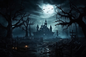 illustration of sinister halloween landscape with haunted house
