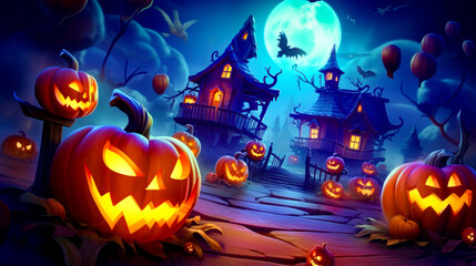 Halloween scene with jack - o - lantern pumpkins and full moon.
