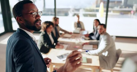 Business, black man and presentation in meeting, leader or planning strategy. Speaker, professional and group in workshop for coaching, training or financial analysis at conference in company seminar