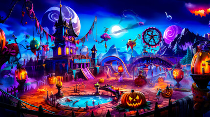 Painting of amusement park with pumpkins and clock tower in the background.