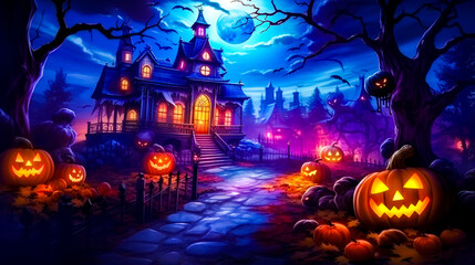 Halloween scene with pumpkins on the ground and house with full moon in the background.