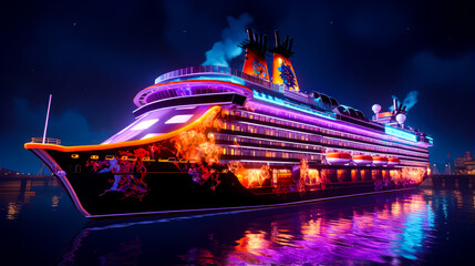 Large cruise ship in the middle of body of water at night. - obrazy, fototapety, plakaty