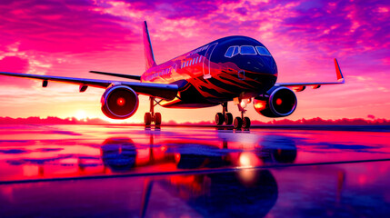 Large jetliner sitting on top of airport tarmac at sunset.