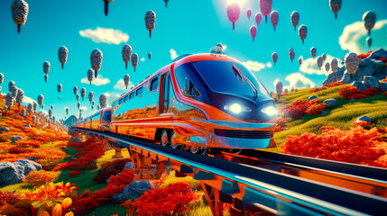 Painting of train on train track with hot air balloons in the sky.