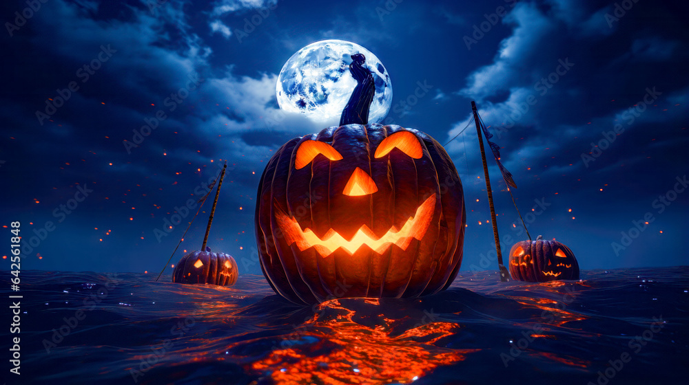 Poster jack o lantern floating in the water with full moon in the background.