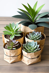 A large set of succulents in an eco-paper bag. Eco-friendly reusable eco-bag and succulents. Shop of indoor plants.