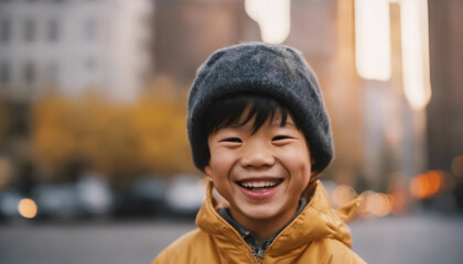 Happy asian child outdoors in autumn city with copy space