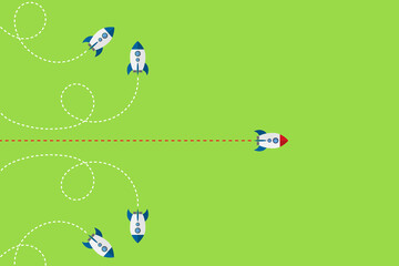 Different Approach - Different Direction. Group of rockets flying in one direction and with one individual flying in the different way, can be used leadership/individuality concepts.