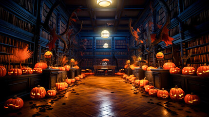 Room filled with lots of pumpkins and book shelf filled with books.