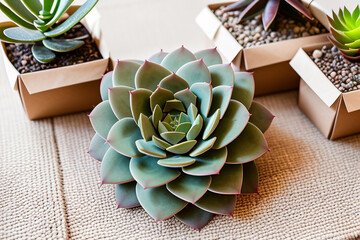 A large set of succulents in an eco-paper bag. Eco-friendly reusable eco-bag and succulents. Shop of indoor plants.