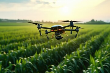 Drone fly over smart farming technology in a corn field.