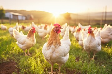 Fototapeta premium Farm, sustainability and chicken flock on farm for organic, poultry and livestock farming.