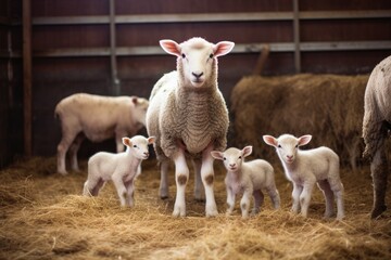 Group of Ewes and lamb in a barn