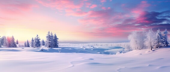 Banner with winter panorama landscape. Forest, trees covered snow. Sunrise, winterly morning of a...