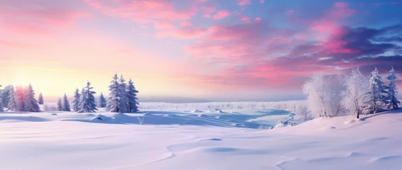 Papier Peint photo Rose clair Banner with winter panorama landscape. Forest, trees covered snow. Sunrise, winterly morning of a new day. Purple landscape with sunset. Happy New Year and Christmas concept