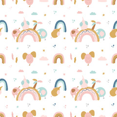 Cute seamless pattern. Pink and blue elephants, palm tree, rainbows on a white isolated background. Vector children's illustration. Suitable for fabric, wallpaper, clothing, paper.