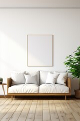 Cozy living room ambiance with wooden floors and a white blank wall mockup for displaying art.