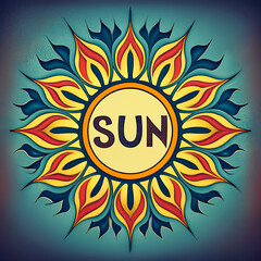 Sun symbol and solar disk with thirty-six flames. Bright, colorful and golden sunflower-like pattern. Sacred Geometry, modeled on a crop circle pattern found near Potterne in Wiltshire. Illustration.